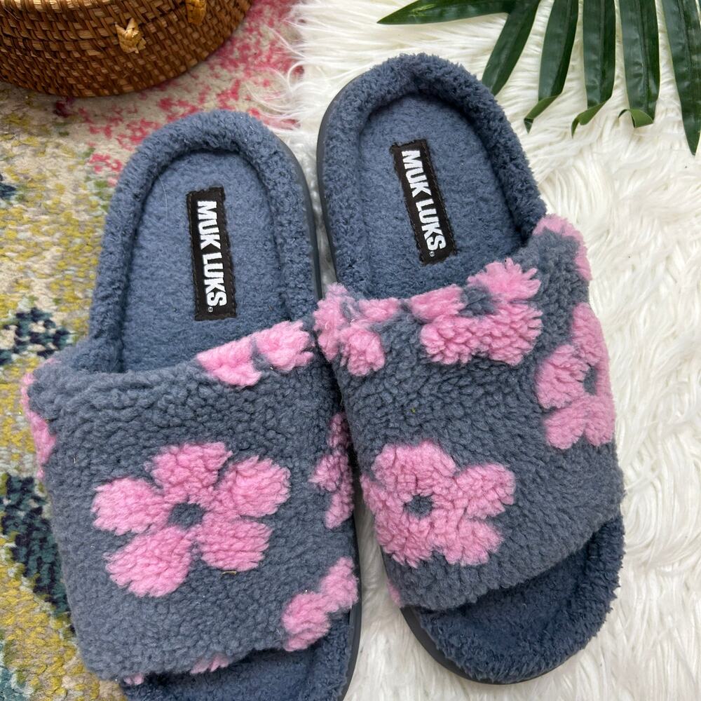 Muk Luks Marsai Slipper Large 9-10 Flower Floral Slip On Slide Fleece Cozy Gray - Picture 3 of 8